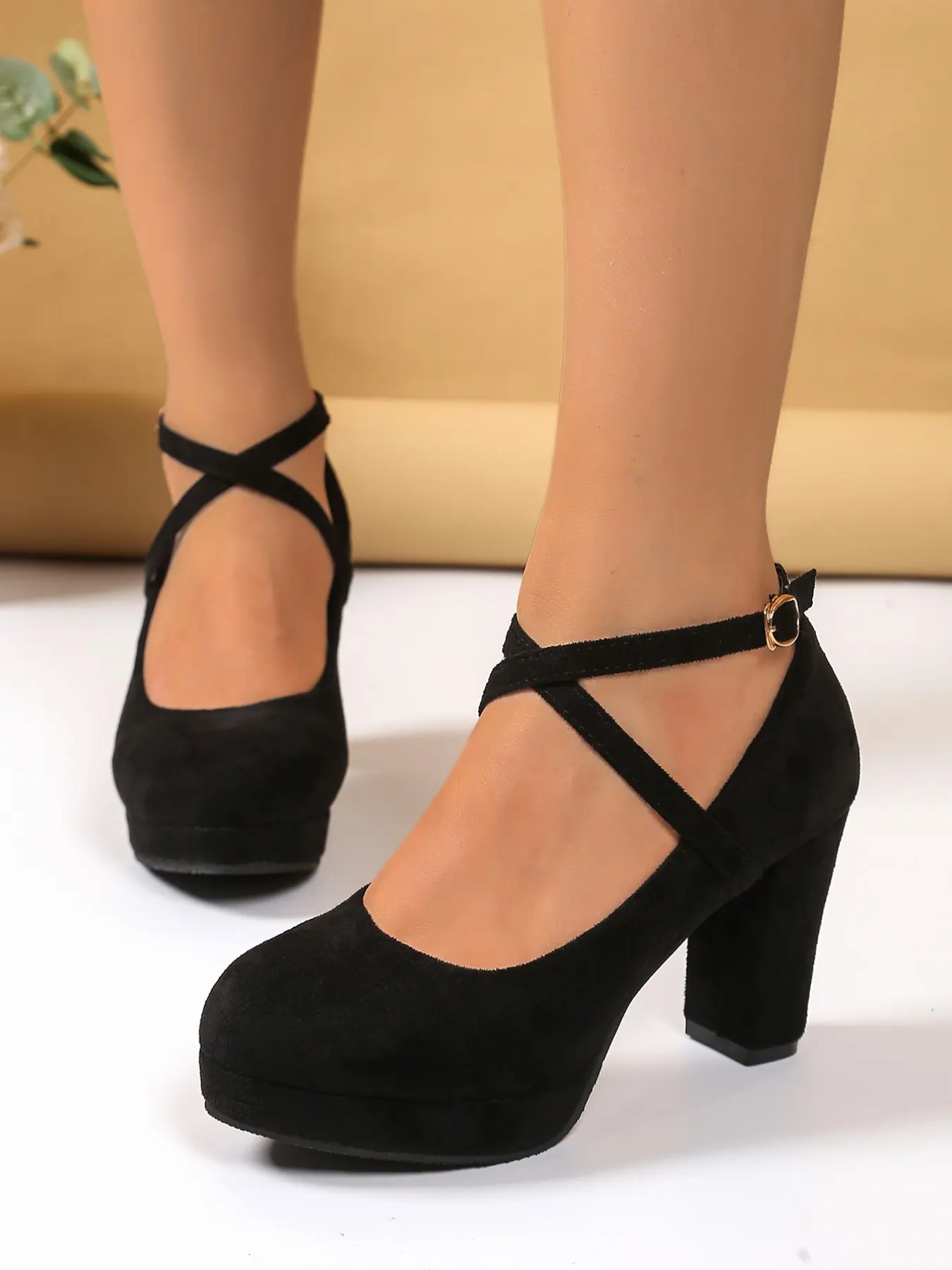 Faux Suede Cross Strap Chunky Heel High Heels, Waterproof Platform Round Toe Mary Jane Shoes, Elegant Classy Women's Footwear for Office & Events
