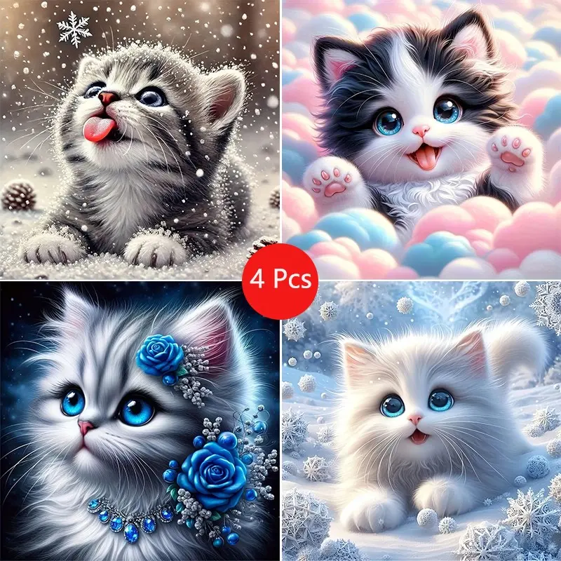 4pcs Cute Cat Diamond Painting Kit, Adult Art Craft Set, Frameless DIY 5D Diamond Art, Full Drill Round Diamonds Home Decor, DIY Kits, Home Decoration, Diamond Art Tools, Handmade Gifts