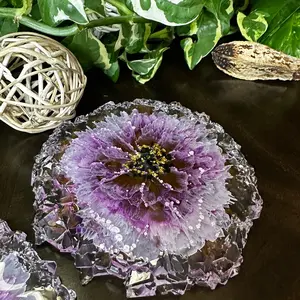 Handmade Purple Flower Crystal Coaster, Epoxy Resin Crystal Coaster, Wedding Gift, Home Decor, Housewarming Gift, Gift Idea, Mother’s Gift, Decorative Plate, Ring Dish, Resin Art, Jewelry Holder