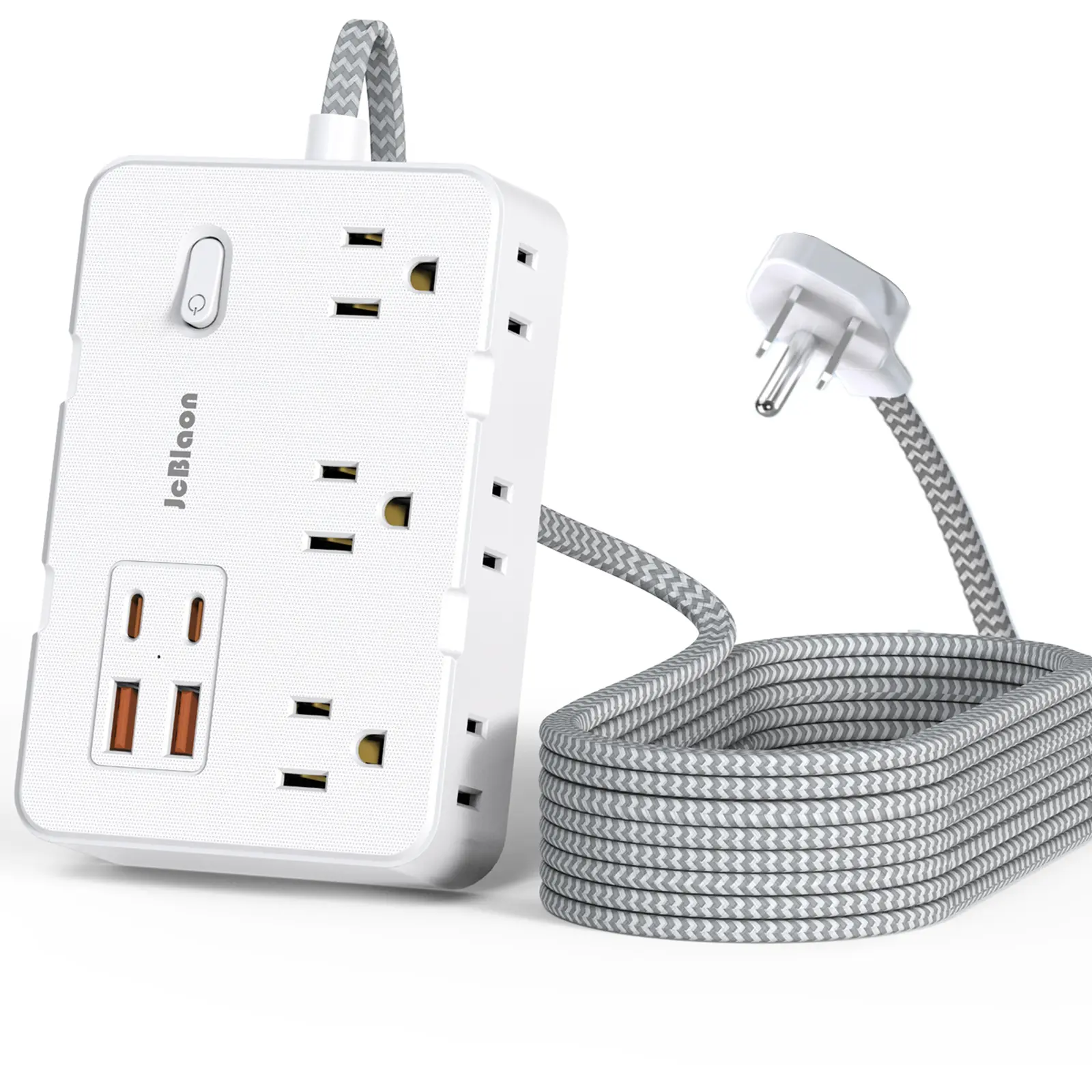 10ft Flat Plug Surge Protector Power Strip Extension Cord with Outlets - Rectangle, 6 Outlets, 4 Multi Ports (2 USB-C), Nylon Jacket, Wall Mounted, On/Off Switch, Charges 10 Devices Simultaneously for Office, Dorm, Usb-C Charger
