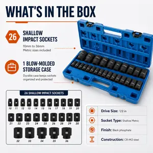 26-Piece Impact Socket Set, 12.7 mm Drive Shallow Metric Sockets, 10–36 mm CR-MO Steel 6-Point Socket Set with Blow-Molded Case, Case Size 50 x 18 x 6.5 cm