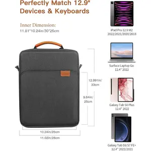 MoKo 12.9 Inch Tablet Sleeve Bag,Fits with 13 Inch New iPad Pro M4 & Air M2 2024,iPad Pro 12.9 M2&M1,Surface Laptop Go 12.4,Galaxy Tab S8+/S9+ 12.4,Handle Carrying Case with Shoulder Strap,Black &Gray