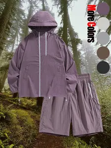 Two-Piece Set Men's Solid Zip Up Hooded Jacket & Drawstring Waist Shorts, Casual Athleisure Street Fit Breathable Quick Drying Outdoor Set for Men, Men's Clothes for Summer