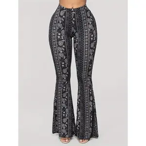 100% Polyester Women's High Waist Sexy Flare Pants - Paisley Print, All Season, Casual Bell Bottoms with Knitted Fabric