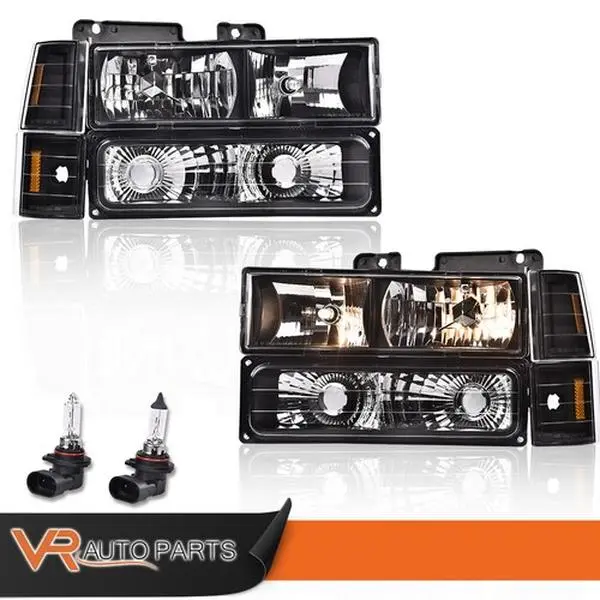 Fit For 94-99 GMC C10 C/K 1500 Yukon Sierra Black Headlight+Bumper Corner Lamps, High Beam, Pair Set