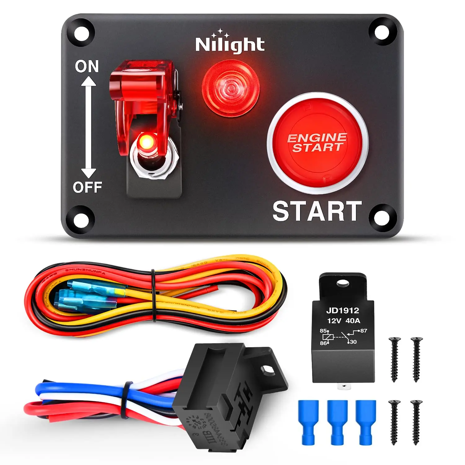 Nilight 12V 2-in-1 Ignition Switch Panel - Rocker & Engine Push Button Toggle Switches, Relay Wiring Harness, LED Lights, Switchboard for RV, Truck Accessories, Semi Truck Electrical Equipment