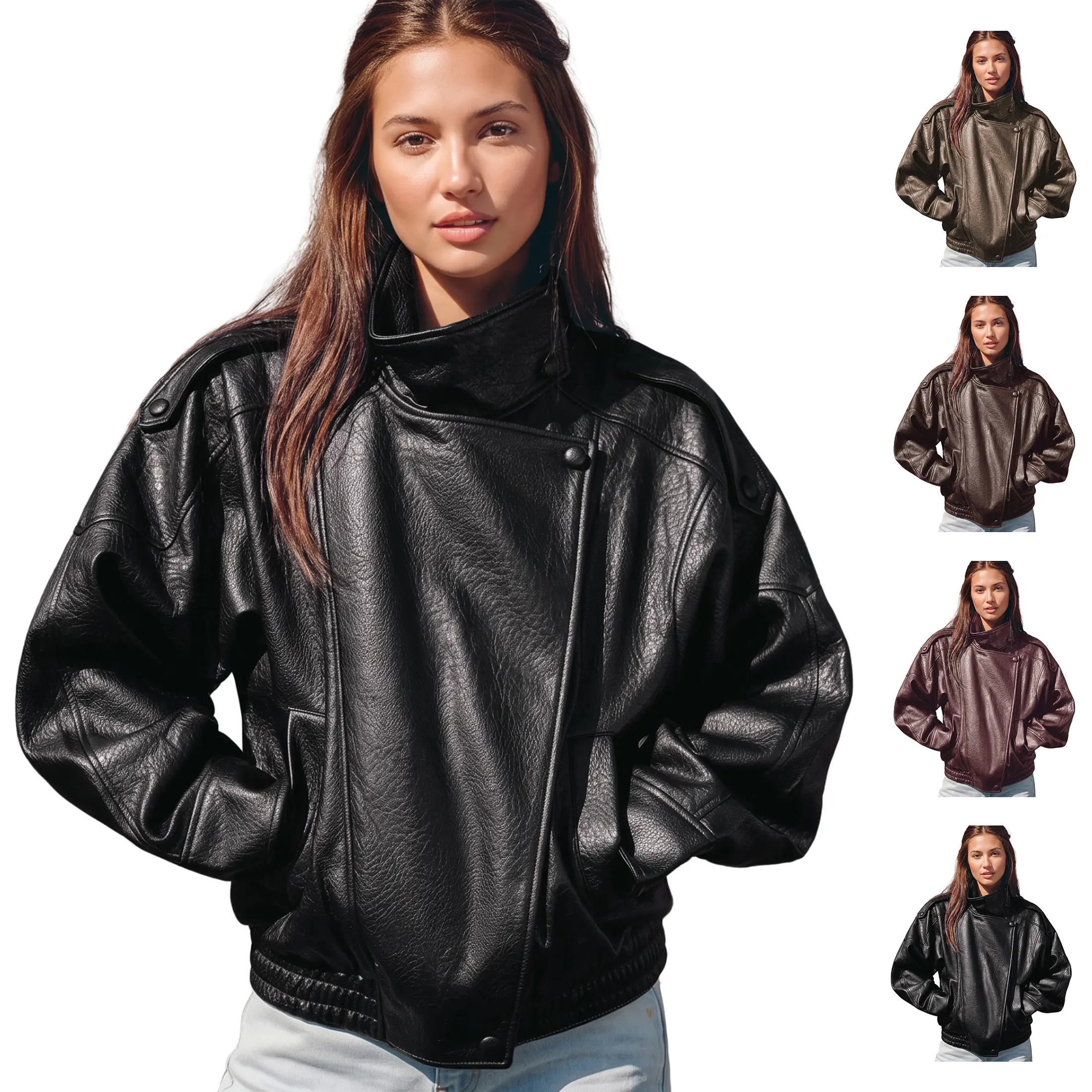 Mibbory Faux Leather Motorcycle Jacket For Women Stand Collar Casual Loose Fit Zip Up Long Sleeve Coat, Trendy Autumn Biker Outerwear