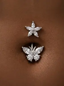 Butterfly & Flower Decor Navel Belly Ring, 14g Stainless Steel, Fashion Cubic Zirconia Piercing, Women Body Jewelry, High Quality Jewelry, Valentine's Gift