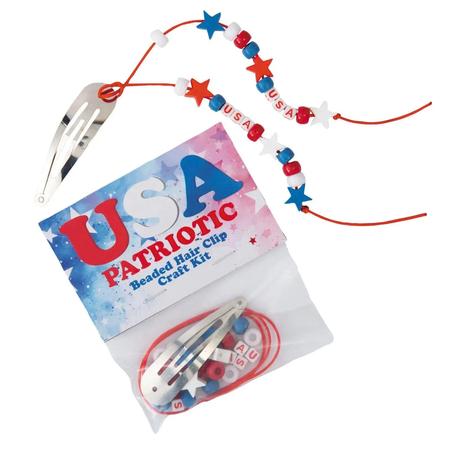 8 1/2" Patriotic Red, White & Blue Beaded Snap in Hair Clip Craft Kit - Makes 12
