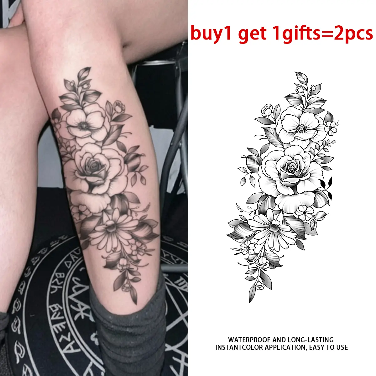 Black Sketch Vintage Rose Daisy Floral Temporary Tattoo Stickers 2 Pack, Long Lasting Semi-Permanent Waterproof Large Botanical Fake Body Tattoos, Elegant Calf Thigh Flower Tattoo For Women Men