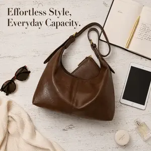 Women's Retro Plain High-Quality PU Leather Purse Shoulder Bag - Large Capacity Crossbody Handbag for Daily Commuting, Shopping - PU Tote Satchel