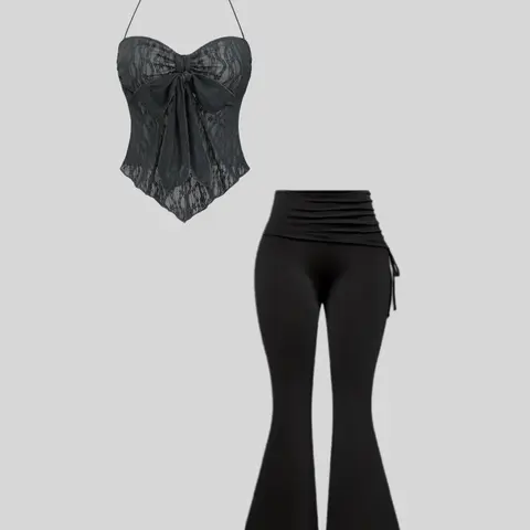 Two-Piece Matching Set Women's Solid Color Breathable Lightweight Knit Strappy Halter Crop Fitted Tank Top & Flare Leg Pants, Two Pieces Outfits, Elegant Fashion Casual Clothes for Daily Outdoor Wear, Ladies Outfit for Summer