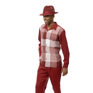 Montique Burgundy Windowpane Long Sleeve Walking Suit