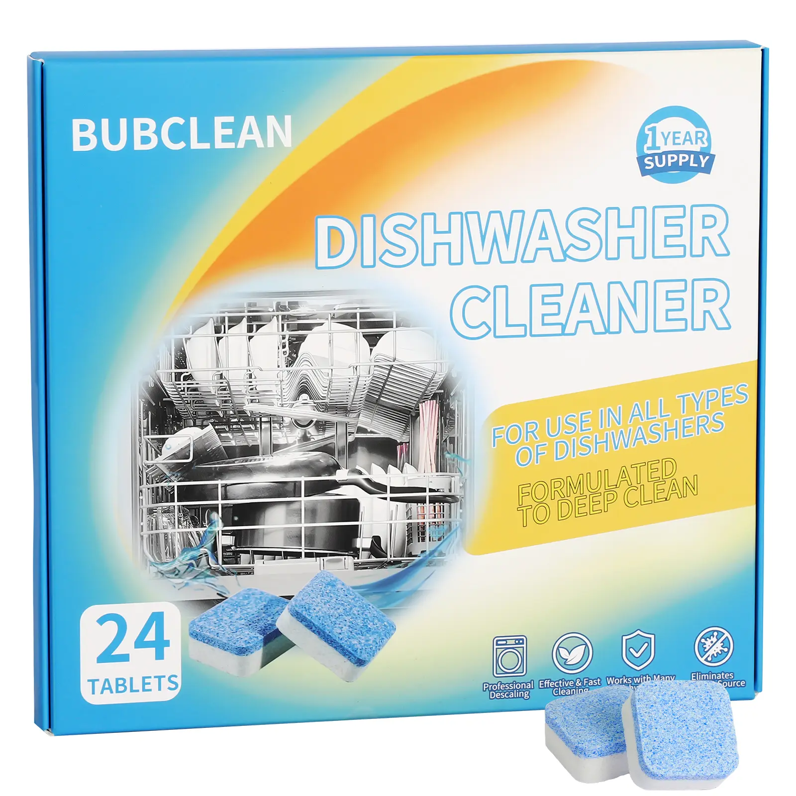 BUBCLEAN Dishwasher Cleaner & Descaler Tablets – 24 Count, 12-Month Supply, Citric Acid, Works with GE/Bosch/Frigidaire/LG/Samsung/Whirlpool/KitchenAid/Kenmore/Maytag/Amana