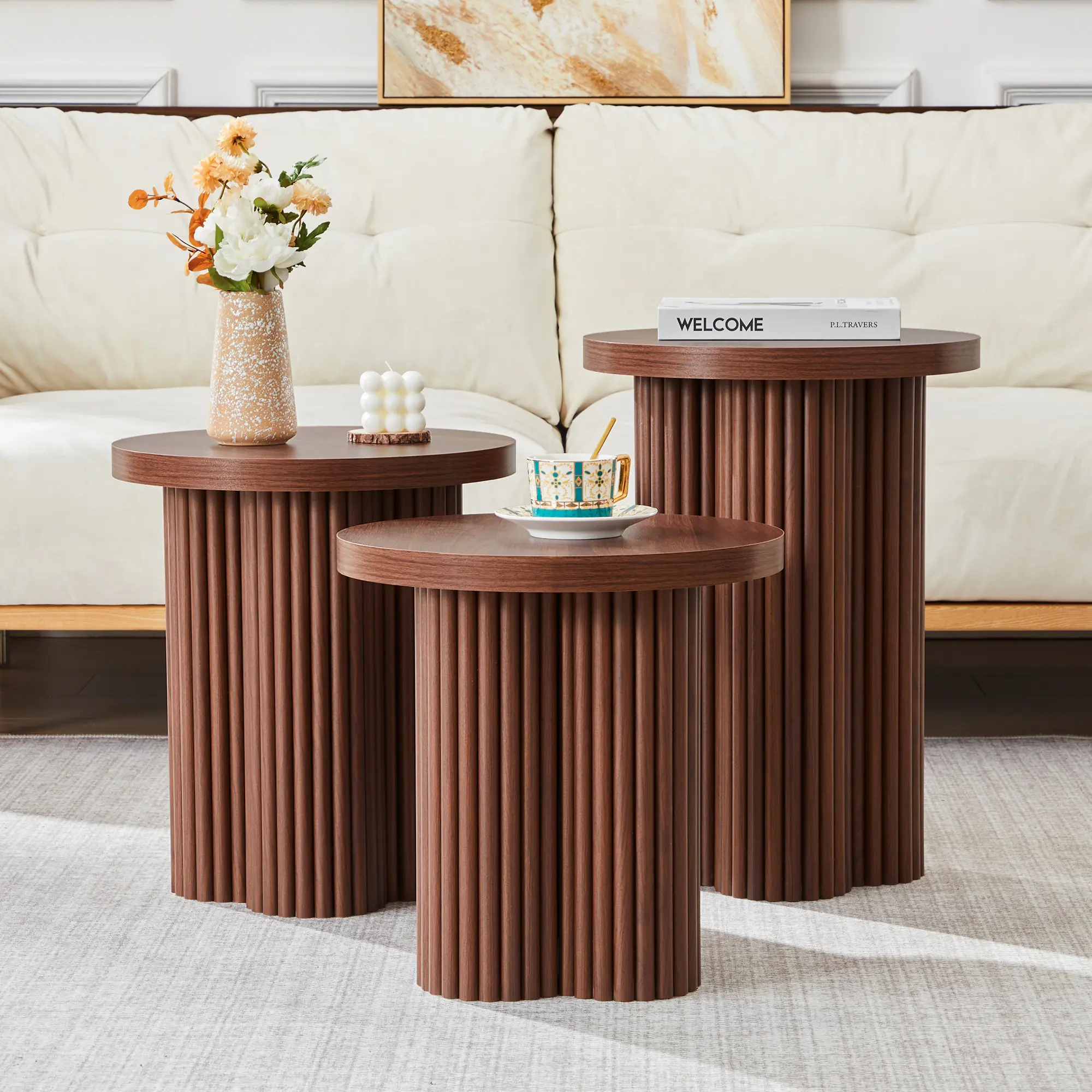 Giratree 3-Piece Nesting Coffee Tables & Plant Stand End Table Combo - Fluted Leg MDF Wood Accent Display Piece, 3 Sizes Mid-Century Contemporary Assembly Required for Living Room Small Spaces