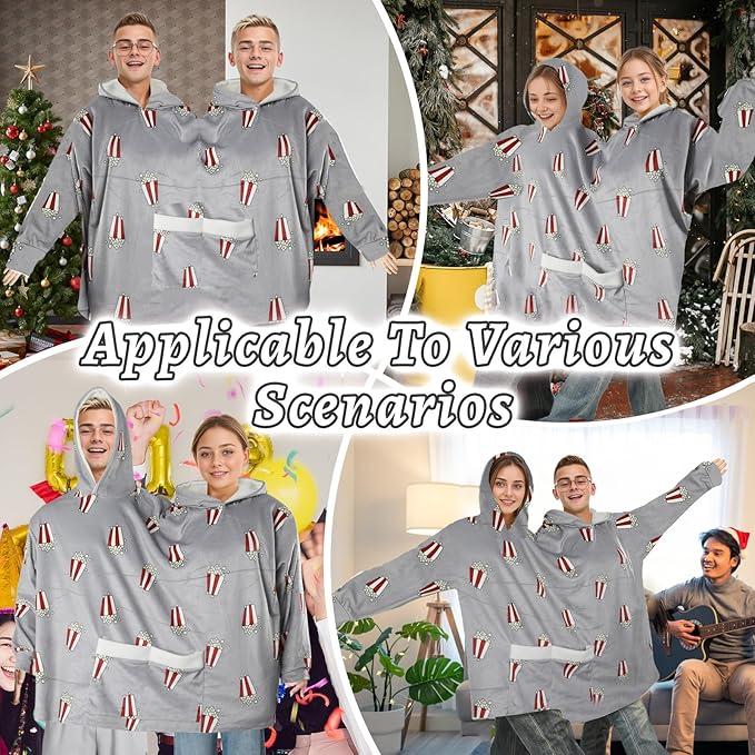 Couple Pajamas Funny Popcorn Flannel Matching Pajamas Oversized Hooded Sweatshirts with Pockets Unique Christmas Gift for Couples - Grey