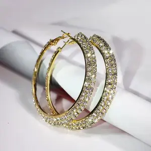 Sunber Gold Color Rhinestone Hoop Earrings For Women 2 Layers Crystal Big Round Circle Earrings Evening Party Jewelry