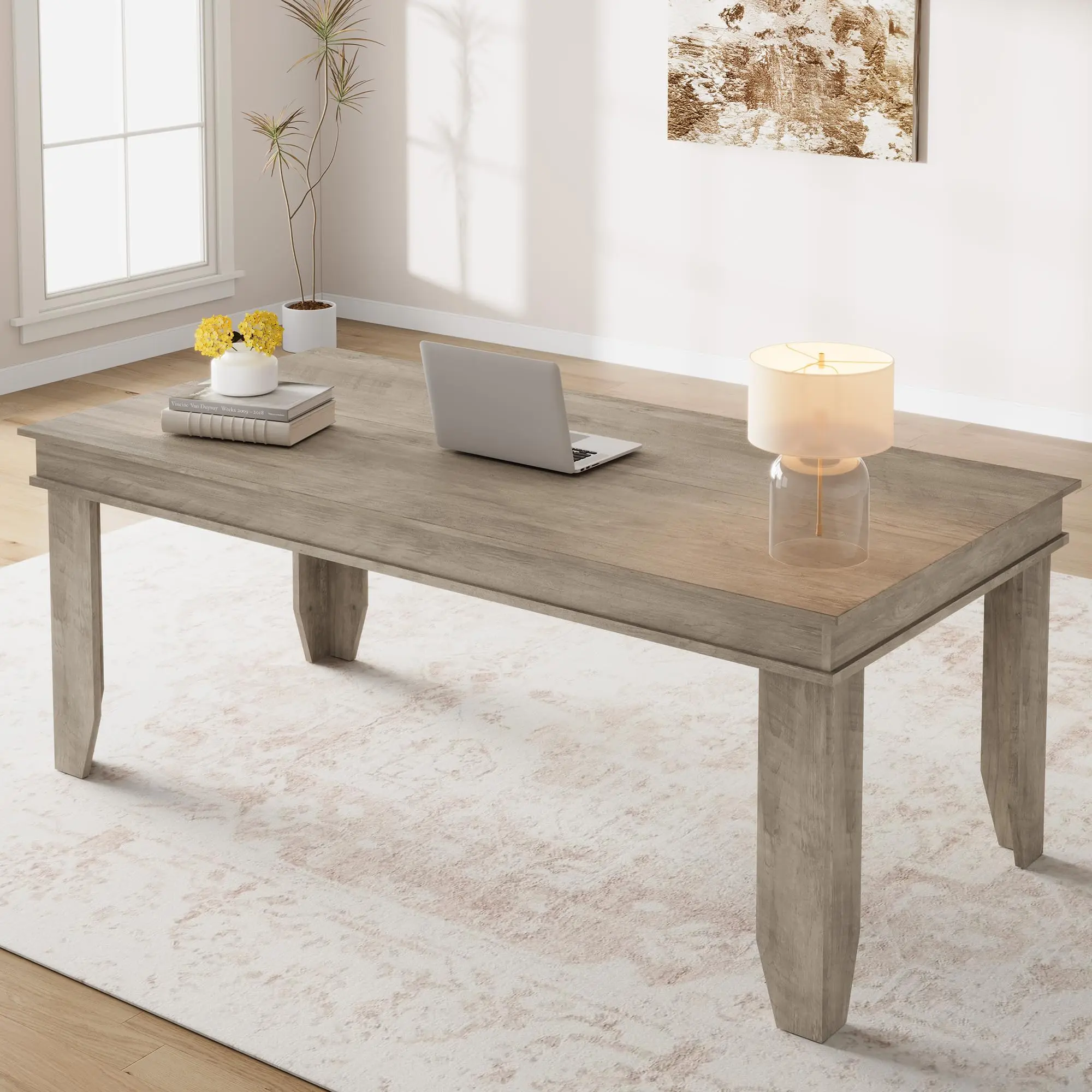 Garvee Modern Farmhouse 71-inch Solid Wood Rectangular Dining Table - Durable Frame, Spacious Legroom, Workstation Option, Seats 6-8, Large Size, for Family Meals, Dining Room (Grey, Black, Brown, Natural)