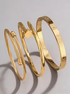 3 Pcs 18k Stainless Steel Cuff Bracelets, Boho Style Geometric Design, Stackable Luxury Jewelry for All Seasons
