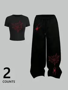 Women's Casual Two-Piece Set, Fitted Round Neck Short Top + Loose High Waist Straight Leg Pants, Spider Heart Print, All Seasons, Womenswear