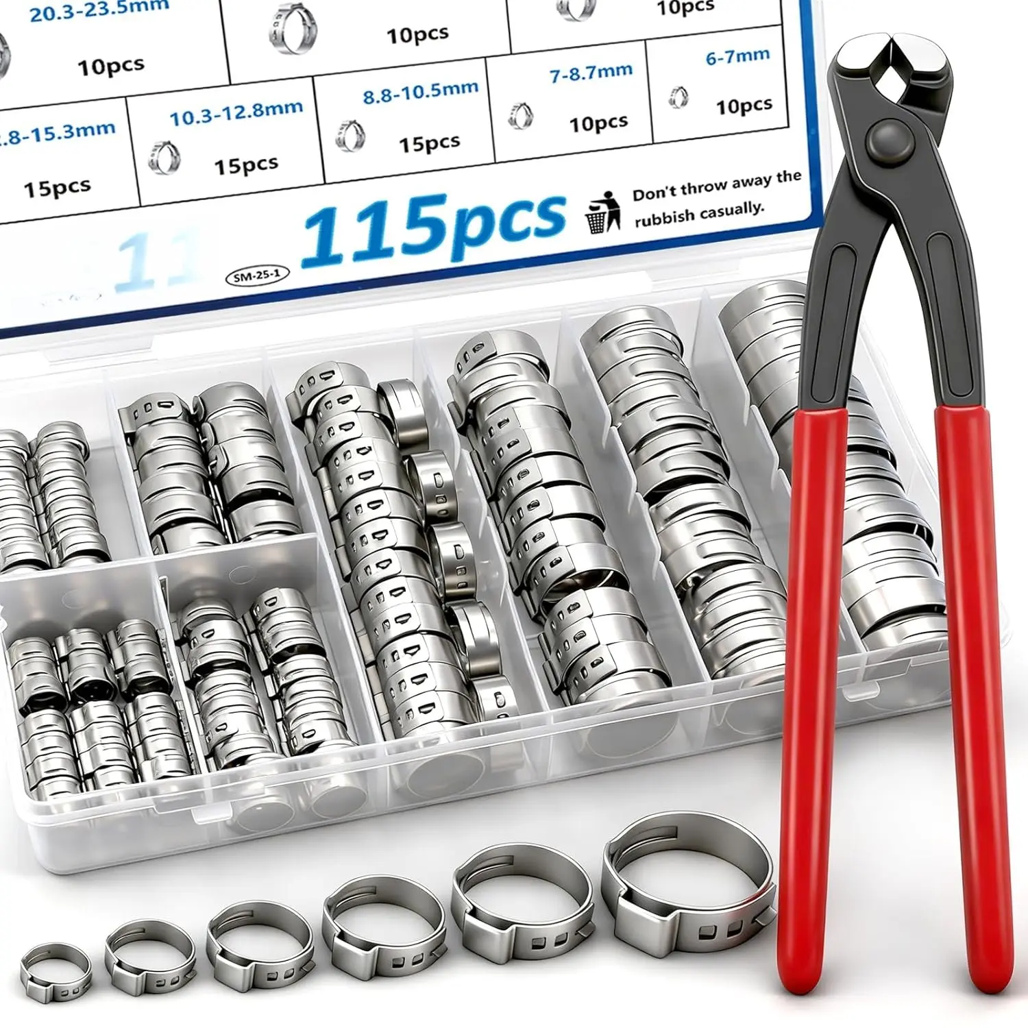 115 count 10-Sizes 304 Stainless Steel Single Ear Hose Clamps with Ear clamp plier 6-28.6mm Crimp Hose Clamps Assortment Kit for Auto/ Appliance/Pipe/ Line Stepless hose clamp with pincer