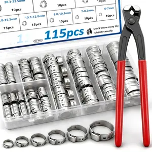 115 count 10-Sizes 304 Stainless Steel Single Ear Hose Clamps with Ear clamp plier 6-28.6mm Crimp Hose Clamps Assortment Kit for Auto/ Appliance/Pipe/ Line Stepless hose clamp with pincer