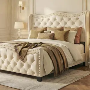 Queen Bed Frame with Headboard and Footboard, 50 Inch Tall Wingback Upholstered Platform Bed, Cream Ivory Velvet Button Tufted, Sturdy/No Box Spring Needed/Noise Free, Beige