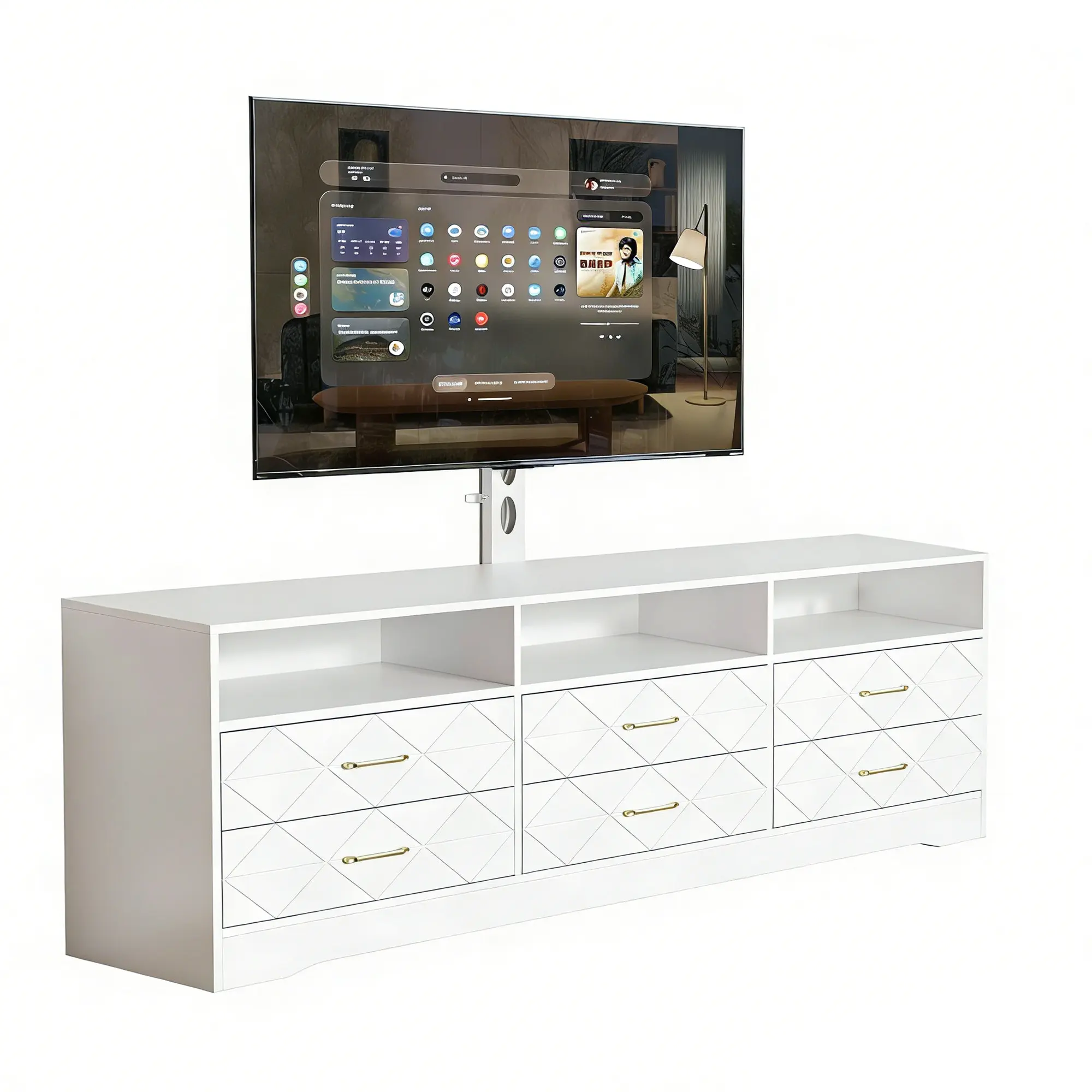 Entertainment Center with 6 Storage Drawers for Living Room, Bedroom, White TV Stand with Mount Fit for 35-80 inch TVs, Wood Media Console Tables