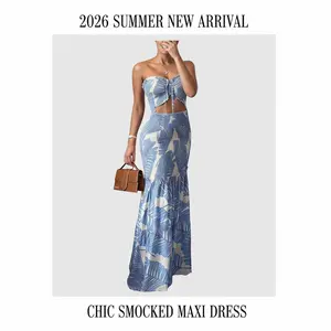 Women's 2026 New Design Multi-Color Printed Pleated Tube Top Dress, Fashionable & Sexy Women's Clothing Set