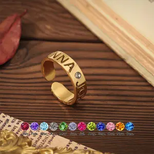 R1735 Custom Cut Name Ring Opening Adjustable DIY Birthstone Stainless Steel Hollow Name Ring