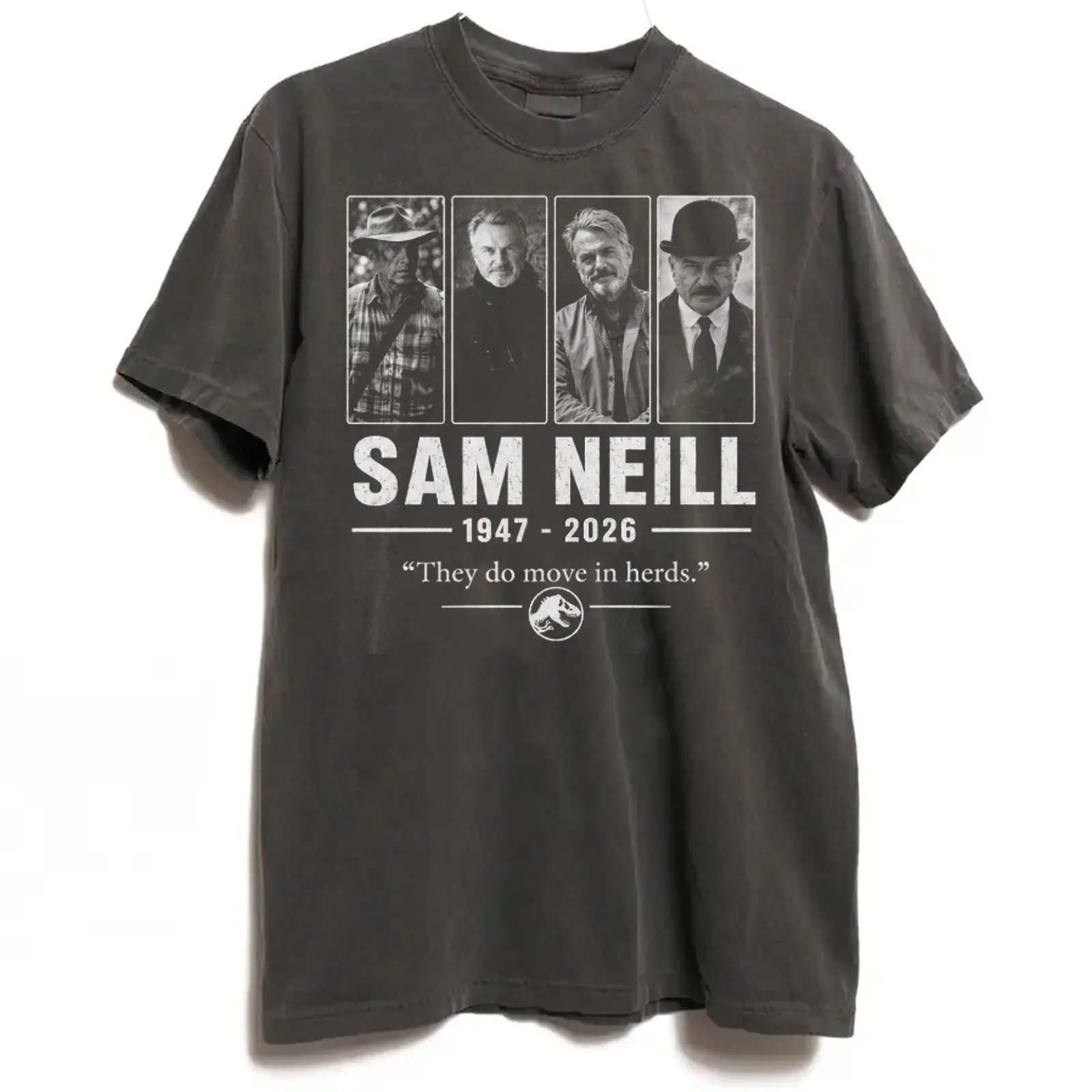 Vintage 90s Sam Neill Memorial 1947-2026 Vintage Comfort Color Graphic T-Shirt Dinosaur Explorer Tee Ring Spun Cotton Casual Soft Washed T-Shirt
