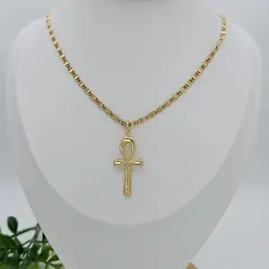 Gold Ankh Necklace 14k Heavy Plated Diamond Cut Pendant 3mm Scroll Chain 16-22in Lengths Lifetime Replacement Guarantee Classic Elegant Jewelry