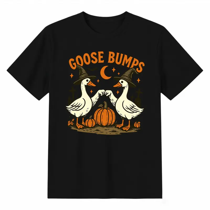 Men's  Casual Halloween T-Shirt - Witch Goose Clipart, Fist-Bump Geese Sublimation, Fall Pumpkin Design, Trendy Graphic Shirt for Women, Halloween Things, Shirts For Women