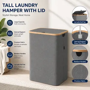 Laundry Hamper with Lid, Tall Large Laundry Basket with Bamboo Pull Handles and Internal Support, Freestanding Clothes Hamper Bin for Bedroom, Bathroom, Laundry Room, Closet, Dorm Room, Towels, Bedding and Home Organization
