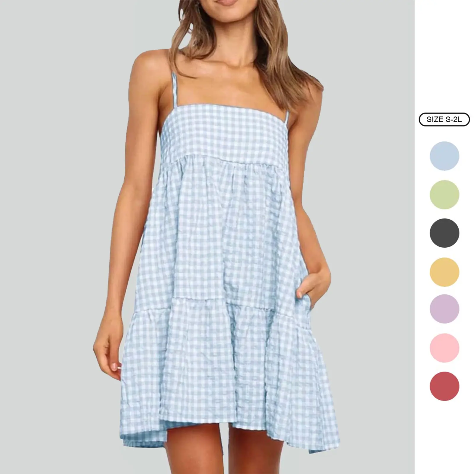 Imily Bela Womens Plaid A-line Dresses Shoulder Straps Ruffle Hem Casual Mini Dress with Side Pocket