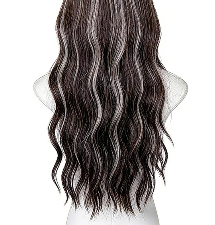 Lotfon Women's non-adhesive synthetic wig, Brown with white highlights big wave style, adjustable head circumference, comfortable fit, easy to wear, lightweight and breathable, instantly changes your style, suitable for daily wear and cosplay.