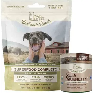 BADLANDS RANCH Superfood Complete Air-Dried Adult Dog Food 24 Ounce Premium Beef and Super Mobility Organic Supplement 90 Grams, 30 Scoops