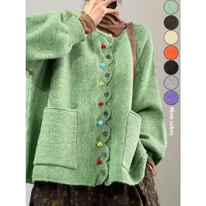 Women’s plus-size knitted cardigan sweater, colorful buttoned fashionable casual round-neck loose top, suitable for autumn and winter seasons GARMENTARY