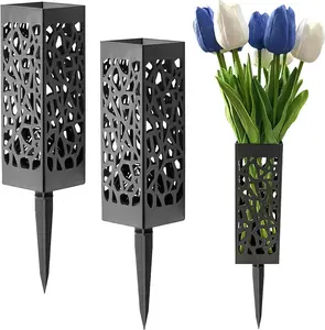 2 Sets Memorial Flower Holder for Cemetery Grave Yard Decorations Black Plastic Square Vases with Spikes for Gravestone Garden Ground Outdoor Marker Decorations YHNTGB