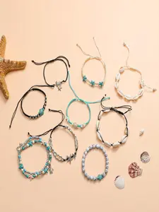 12 Pcs Anklet Bracelet Set Bohemian And Beachy Adjustable Waterproof Turtle Shell Starfish Turquoise Design For Women Girls Daily Wear Vacation Gift