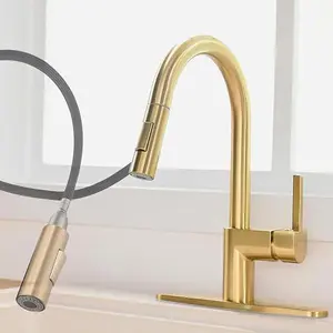Gold Kitchen Faucet with Pull Down Sprayer - Modern Single Handle Pull Down Kitchen Sink Faucet with Deck Plate | Stainless Steel Brass Kitchen Faucet for 1 & 3 Hole Brushed Gold