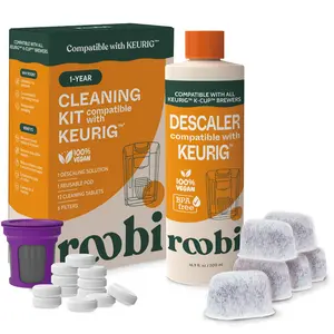 Keurig Compatible - Cleaning & Descaling Kit from Roobi - 1 Year Supply Includes Keurig Descaler Solution Bottle Cleaning Tablets Reusable Pod Water Filters Eco-Friendly Odor-Free 100% Vegan Sustainable Carbon-Neutral Maintenance Kit