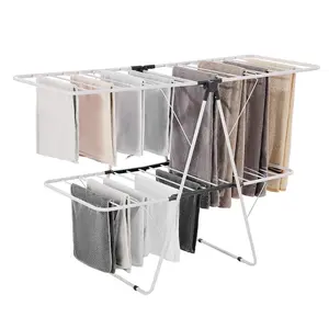 VEVOR Clothes Drying Rack, 2-Tier Foldable Laundry Dryer Rack with Sock Clips 31 Dry Rods, Metal Height Adjustable Drying Racks for Outdoor Indoor, Free-Standing Space-Saving Hanger, White