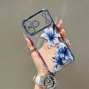 Blue lily flower pattern Four-corner Thickened Mobile Phone Case for iPhone 17 Air 16 15 14 13 12 11 Pro Max Plus border Electroplating with counter-fall Safety Cushion 2D printing