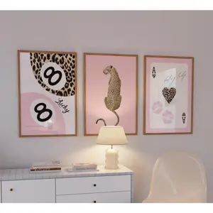 Set of 3 Trendy Prints Pink Leopard Cheetah Print Pink 8 Ball Lucky Trendy Wall Art Gallery Preppy Chic Luxury Home Decor(Note: Frame shown for display only)