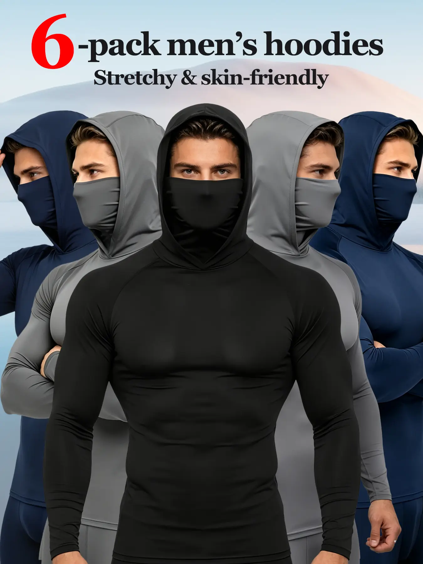 Men's 6-Pack Stretchy Skin-Friendly Hooded Balaclava Shirts - Athletic Long-Sleeve Warm Stretch Base Layer with Face Cover, Hooded Face Tops, Hooded Face Men's Hoodies, Warm Stretch Men's Hoodies