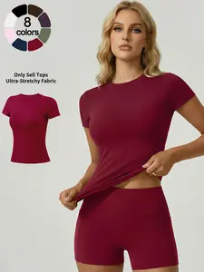 Women's Solid Color Crew Neck Short Sleeve T-shirt Soft Breathable Loungewear Sports Top High Stretch Slim Fit Waist Shaping Comfortable Casual Wear For All Seasons Outdoor Running And Home Use Crew Neck Tops