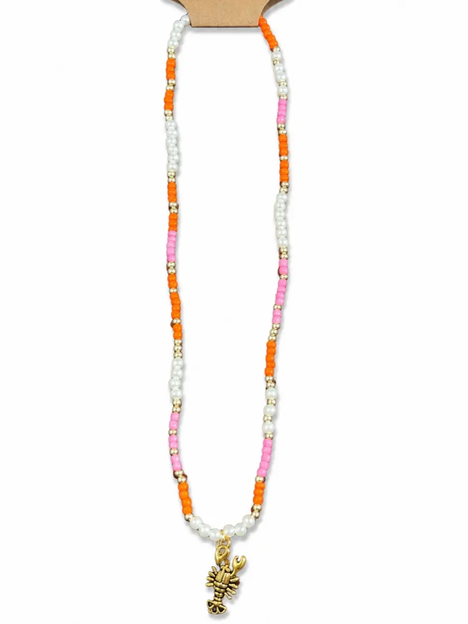 Colorful bead w/ Silver Lobster Charm Necklace