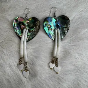 Heart Shell Earrings with Dentalium Hanging Shells & Mother of Pearl Dangles, Featuring Heart-Shaped Design, Natural Color, and Gold-Tone Finish