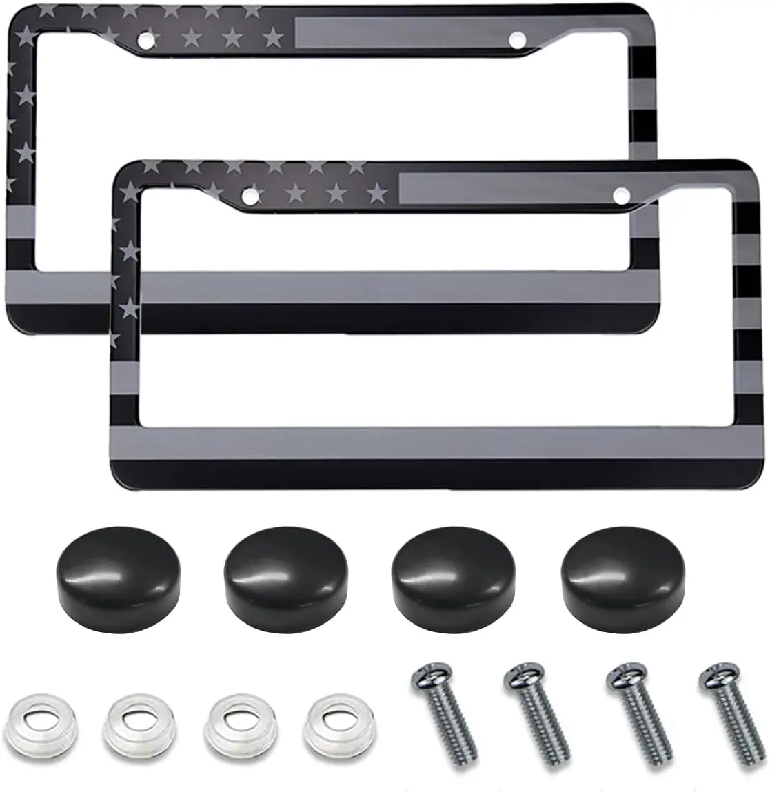 2 count  Flag License Plate Frames, Stainless Steel Tag Frame,  License Plate Protector Holder with Screws Fasteners Caps, Universal Front & Rear  License Plate Cover (2 Holes/Flag)